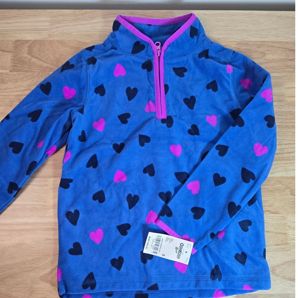 OshKosh B'gosh Girls Blue Pink Heart Fleece Quarter Zip Pullover Size 6 NWT